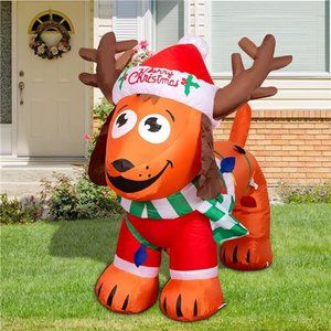 4FT Long Christmas Dog with Antler Hat, Built-in LEDs Blow Up Yard Decoration